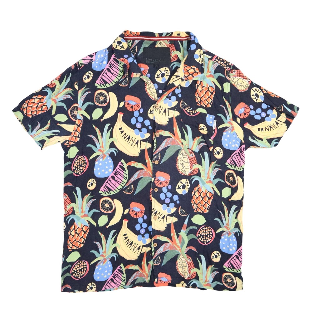 Soulstar England Hawaiian Shirt Mens M Navy Blue Tropical Fruit Viscose Summer
